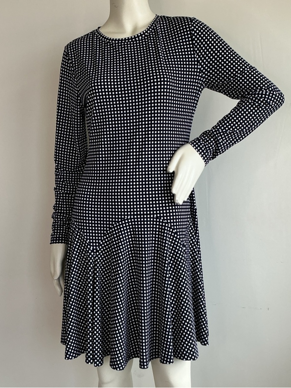 Midi dress Long Sleeve micro-square pattern round neck drop waist flared skirt M